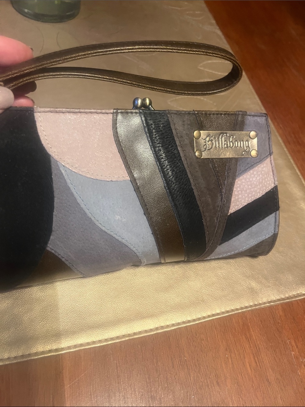Billabong Patchwork Leather Clasp Wallet in Blush Pink, Gray & Brown